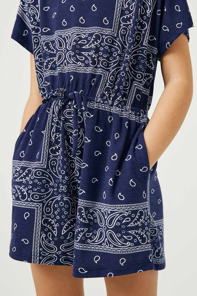 GJ3373 Navy Girls Bandana Print Pocket Knit Romper Detail