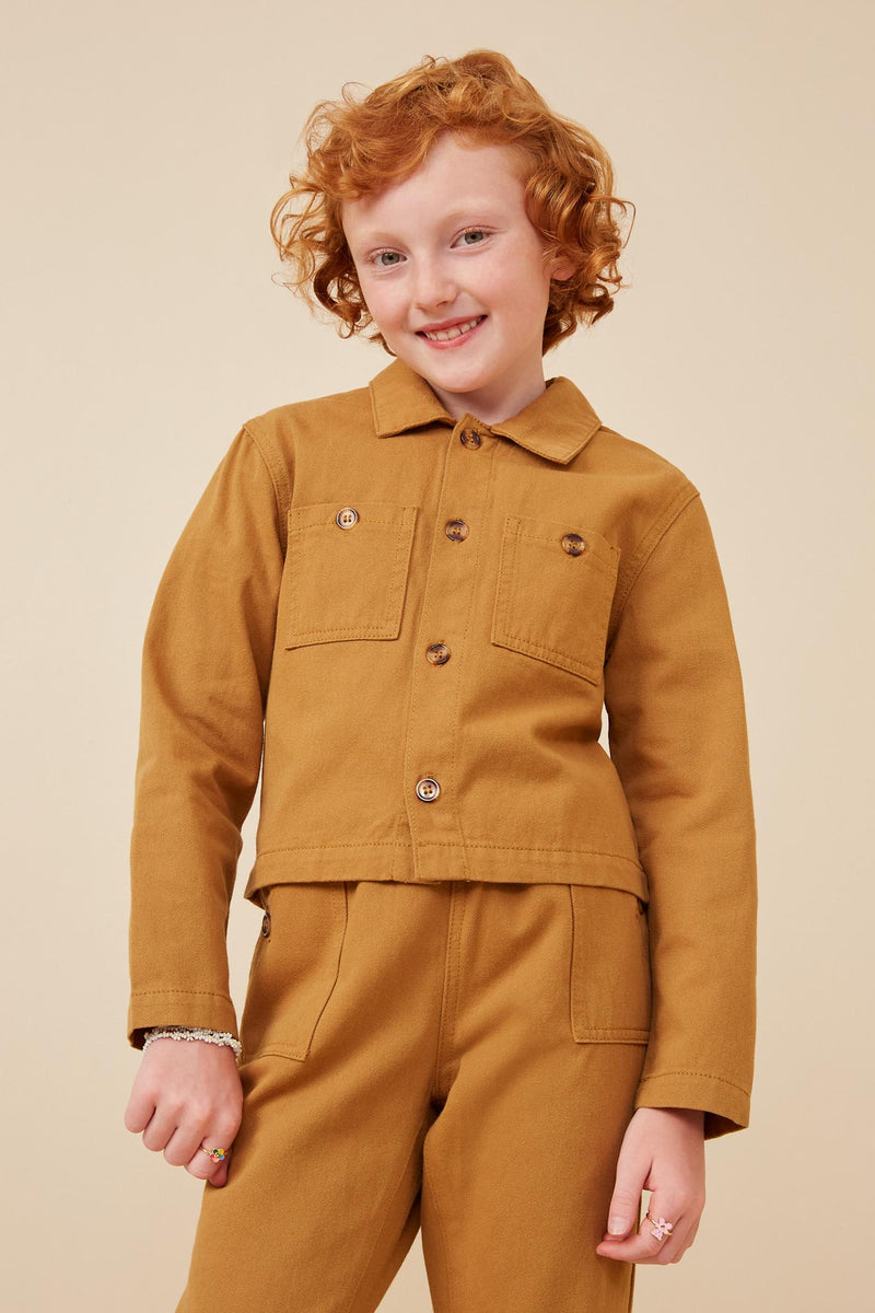 GK1212 Mustard Girls Button Up Chest Pocket Twill Shacket Front