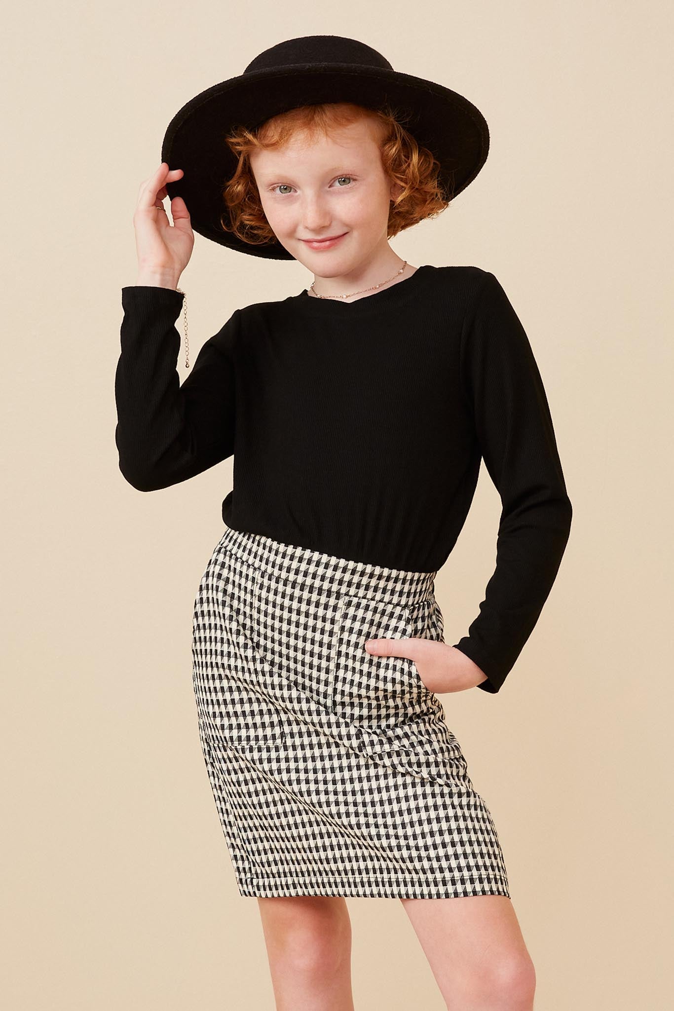Girls Houndstooth Long Sleeve Dresses