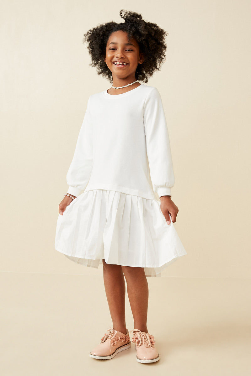 GK1363 Off White Girls Mix Media Pleated Skirt Long Sleeve Dress Full Body
