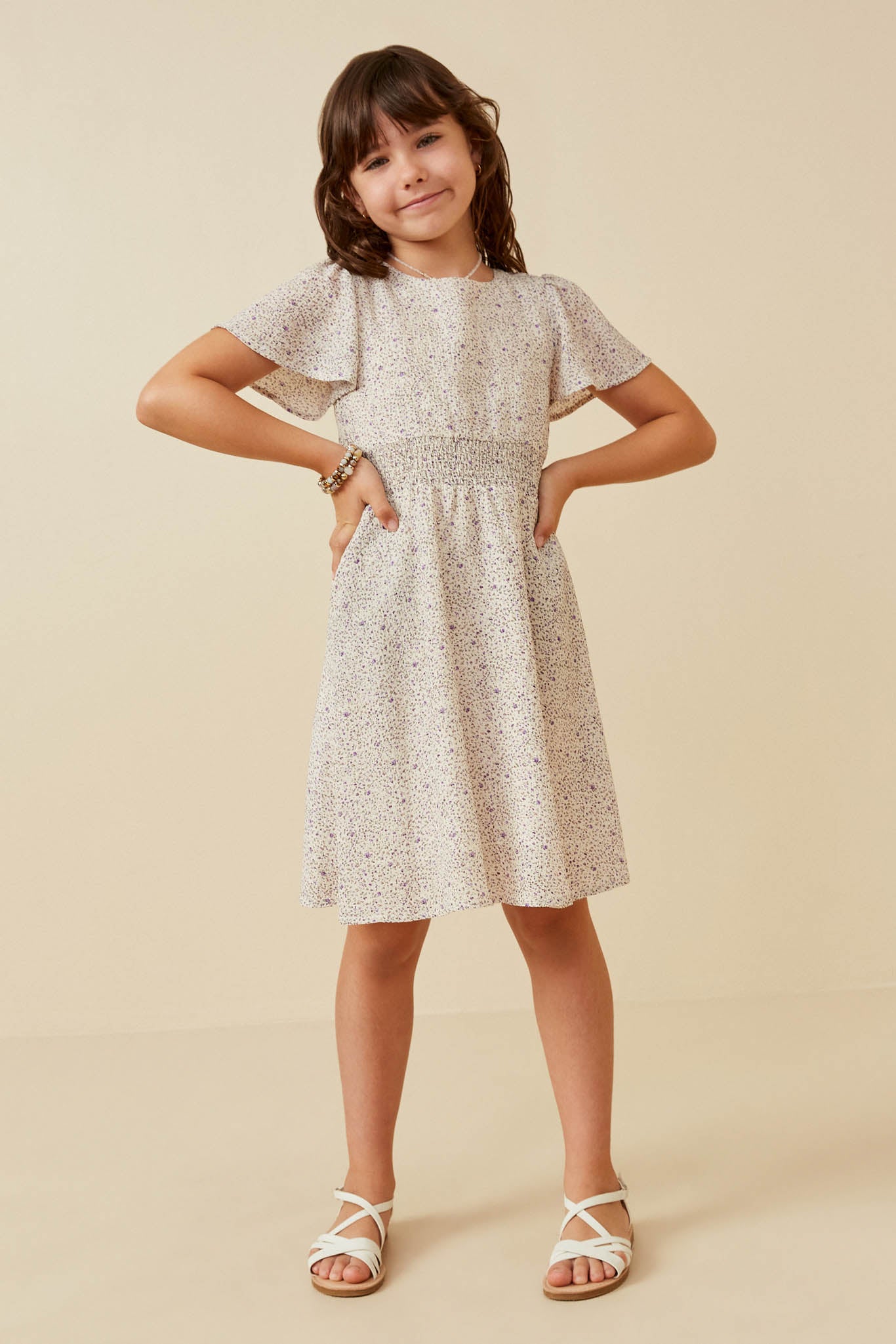 Floral Short Sleeve Smock Waist Dress For Girls