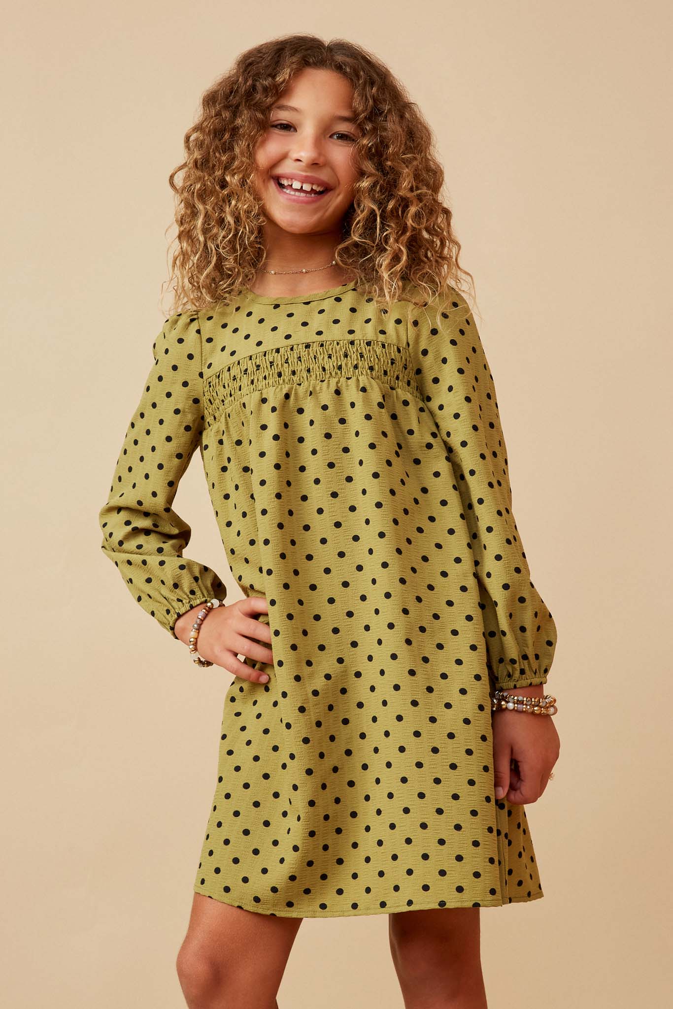 Smocked Detail Polka Dot Long Sleeve Dress Smocked Detail Polka Dot Long Sleeve Dress