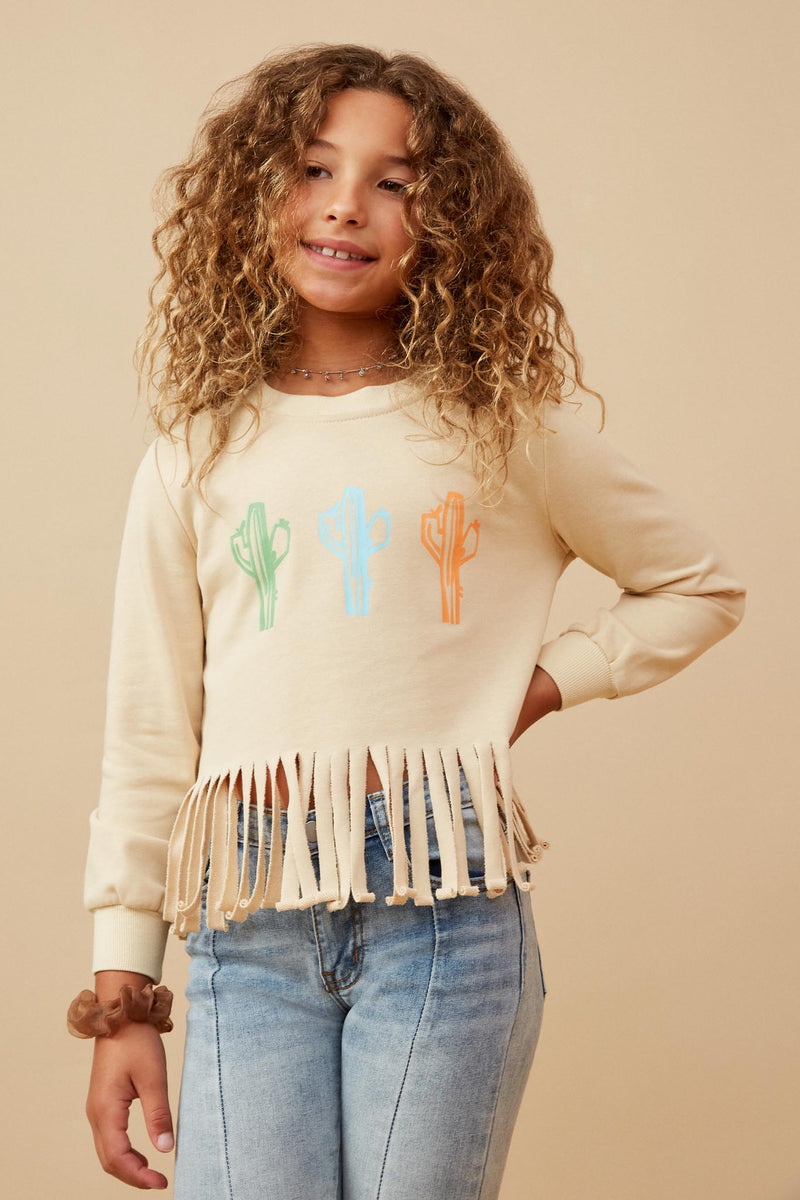 Girls Fringed Graphic French Terry Top Front