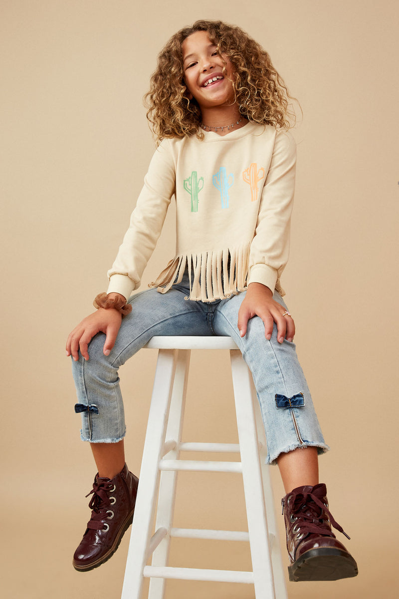 Girls Fringed Graphic French Terry Top Pose