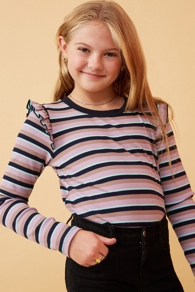 GK1436 NAVY Girls Contrast Neck Band Striped Knit Top Front