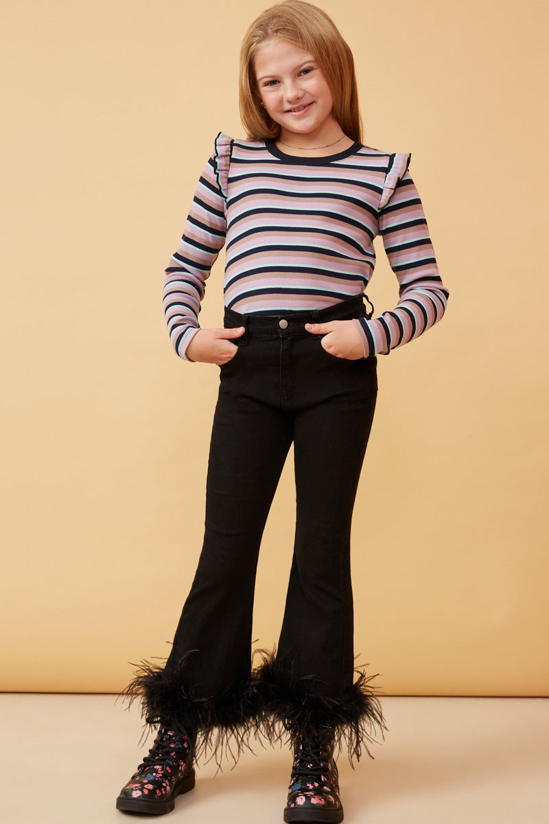 GK1436 NAVY Girls Contrast Neck Band Striped Knit Top Full Body