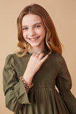GK1446 OLIVE Girls Poplin Smocked Bodice Peasant Sleeve Dress Detail
