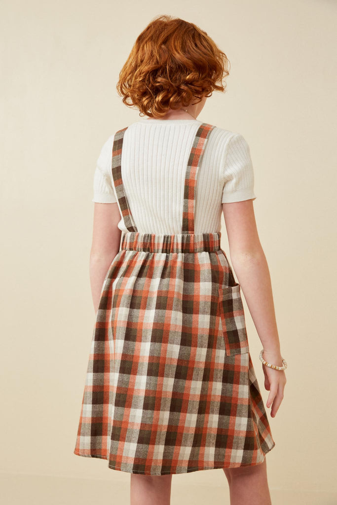 GK1458 Rust Girls Plaid Patch Pocket Overall Back