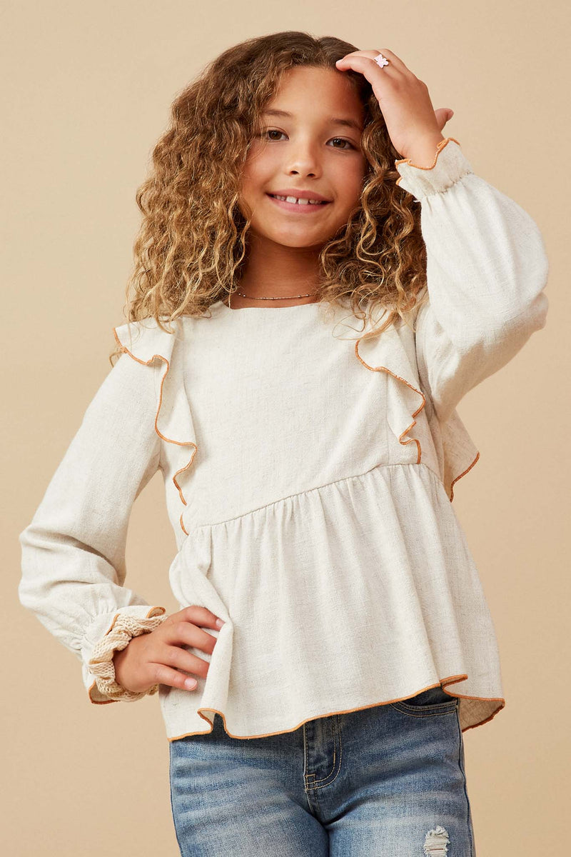 GK1564 TAUPE Girls Contrast Stitch Detail Ruffle Top Front