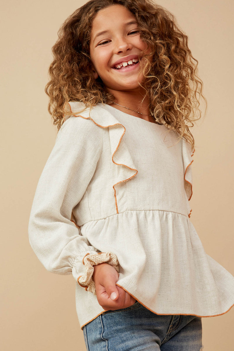 GK1564 TAUPE Girls Contrast Stitch Detail Ruffle Top Side