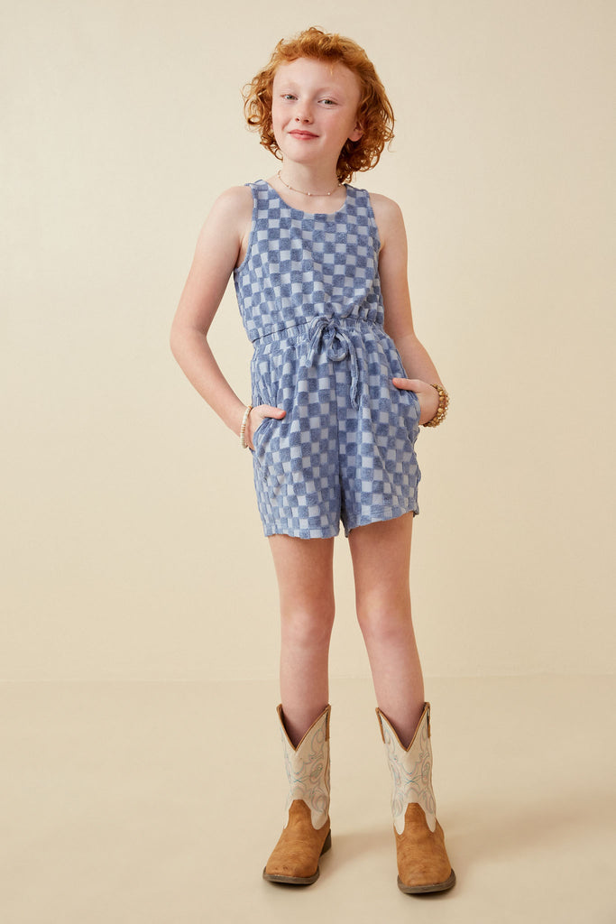 GK1656 Blue Girls Checkered Terry Burnout Tank Romper Full Body