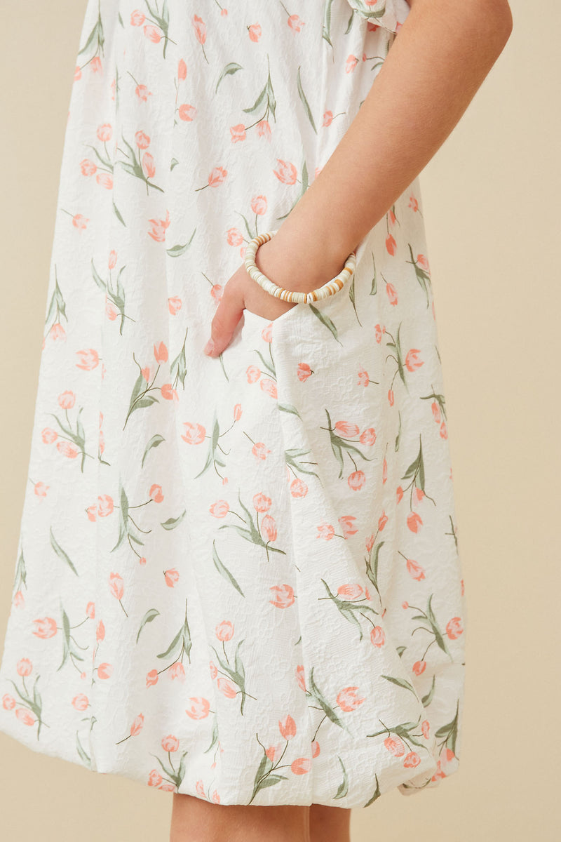 GK1683 Off White Girls Floral Embossed Printed Puff Sleeve Dress Detail
