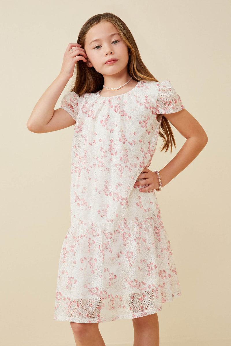GK1685 Off White Girls Floral Eyelet Lace Tiered Cap Sleeve Dress Front