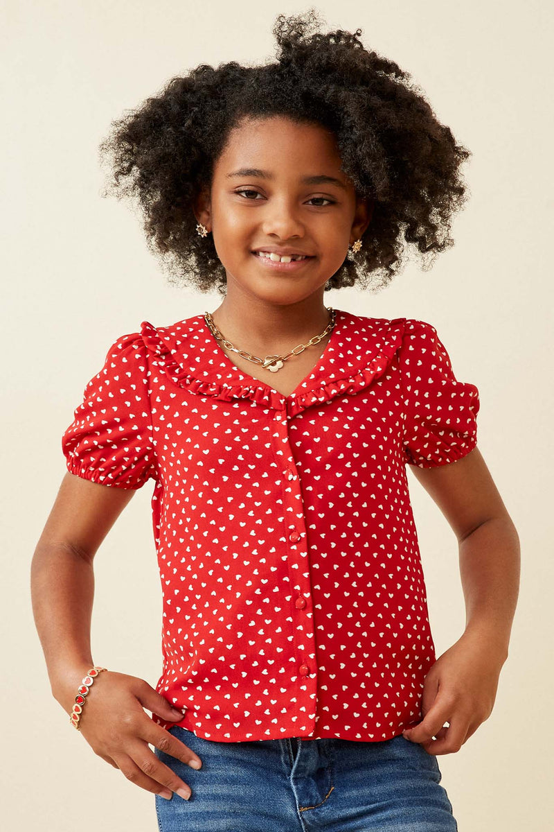 GK1688 Red Girls Ditsy Heart Ruffled Collar Button Up Shirt Front