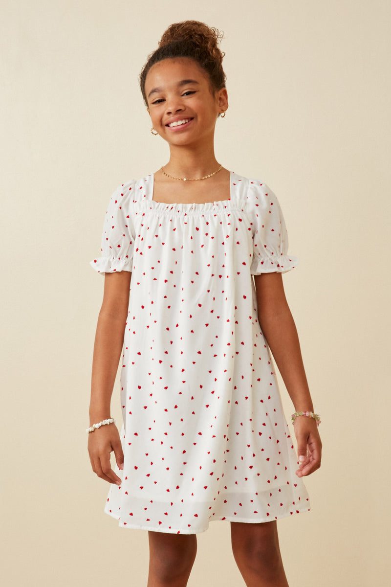 GK1689 Off White Girls Ditsy Hearts Square Neck Puff Sleeve Dress Front