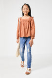 GN4008 BROWN Girls Ruffle Shoulder Square Neck Long Sleeve Top Full Body