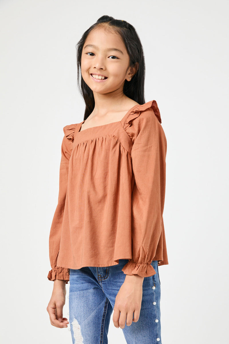 GN4008 BROWN Girls Ruffle Shoulder Square Neck Long Sleeve Top Front