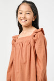 GN4008 BROWN Girls Ruffle Shoulder Square Neck Long Sleeve Top Detail
