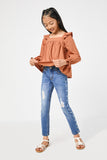 GN4008 BROWN Girls Ruffle Shoulder Square Neck Long Sleeve Top Side