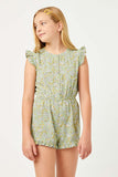 GN4107 SAGE Girls Buttoned Ruffle Floral Print Romper Front