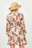 GN4118 RUST Girls Paisley Patchwork Print Smocked Dress Back