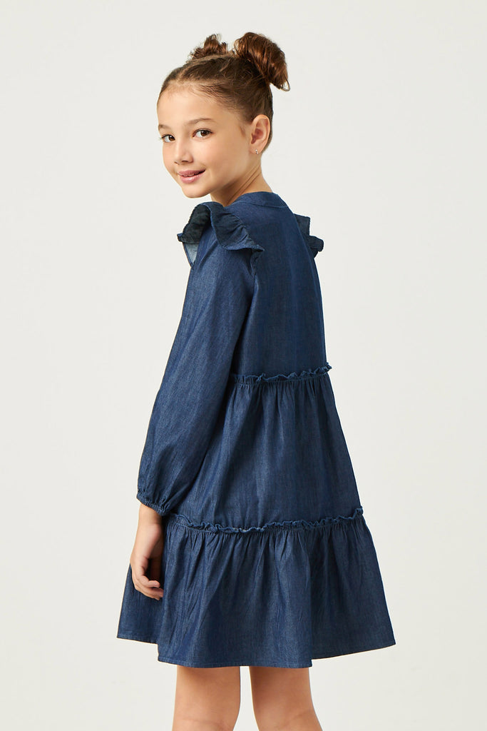 GN4269 DARK_DENIM Girls Button Up Ruffled Chambray Dress Back