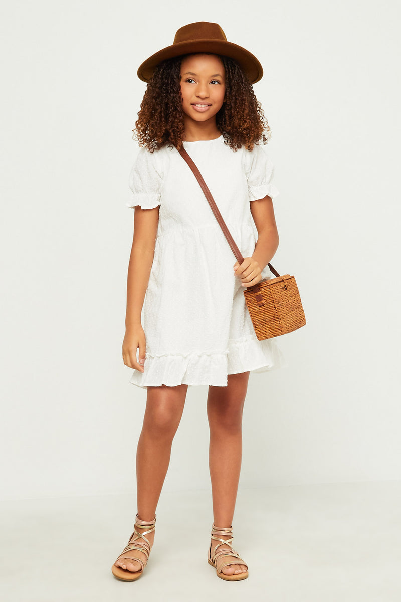 GN4497 OFF WHITE Girls Ruffle Tiered Cinch Sleeve Swiss Dot Dress Front