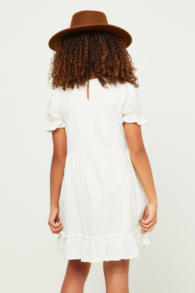 GN4497 OFF WHITE Girls Ruffle Tiered Cinch Sleeve Swiss Dot Dress Back