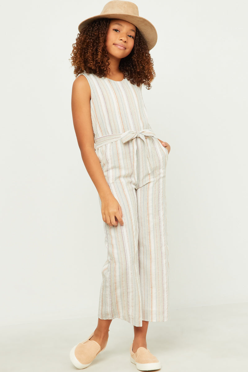 GN4537 IVORY Girls Multi Stripe V Neck Sleeveless Belted Jumpsuit Side