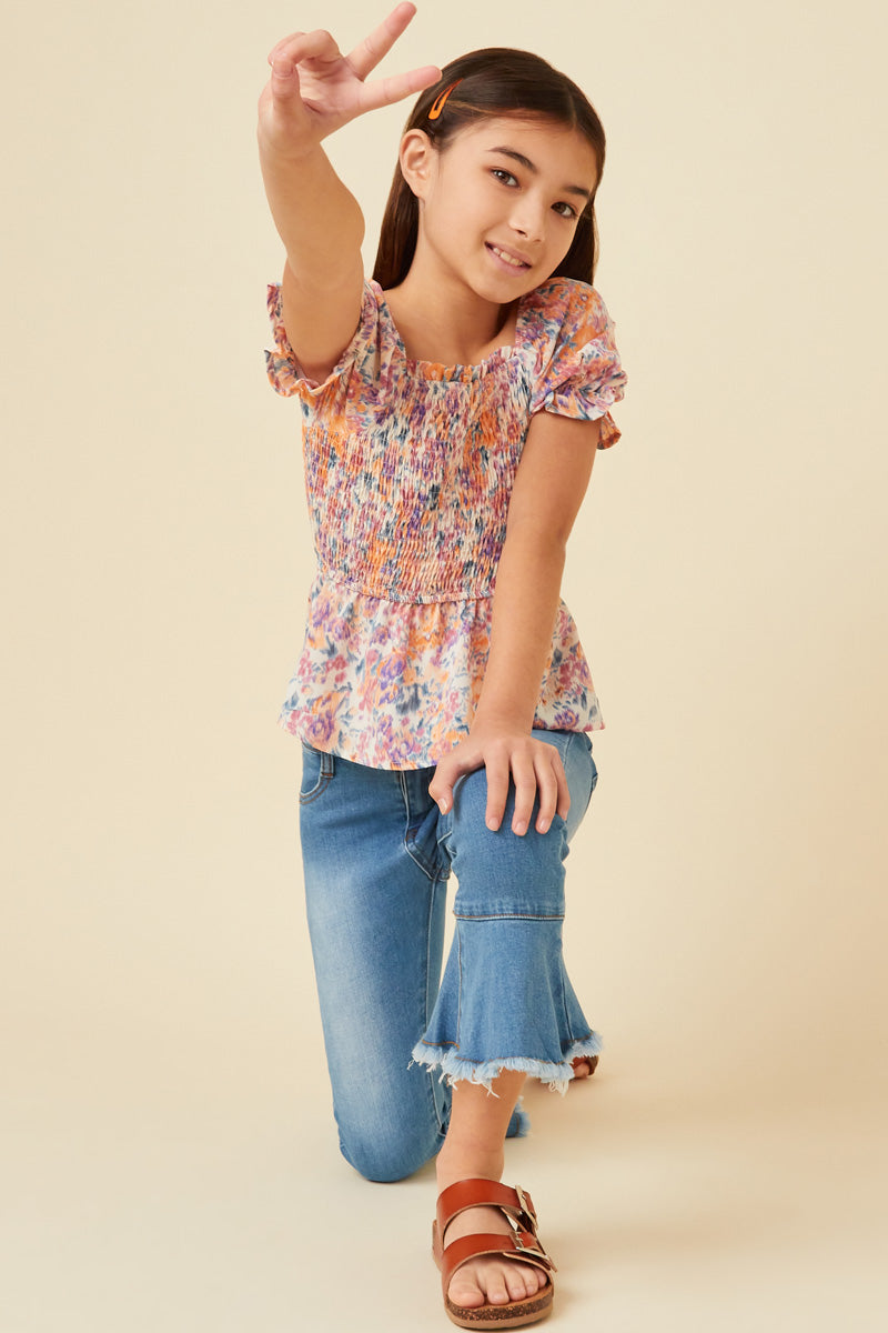 GN4539 BLUSH Girls Floral Puff Sleeve Smocked Top Full Body