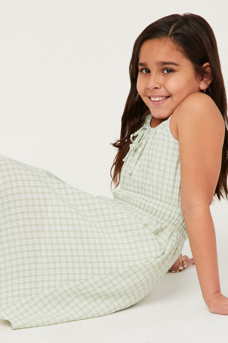 GN4614 Sage Girls Textured Checker Tie Front Smocked Waist Tank Dress Pose