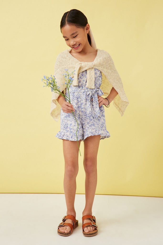 GN4679 BLUE Girls Floral Print Belted Sleeveless Romper Full Body