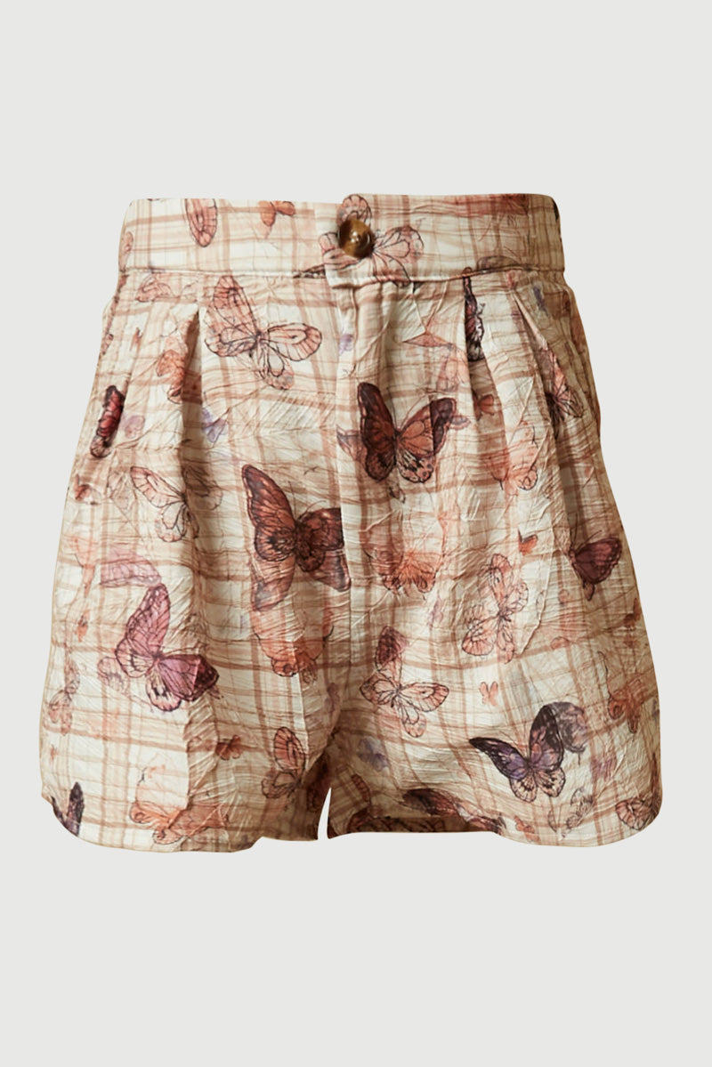 GS0011 Rust Smithsonian Butterfly Print Pleated Shorts Front