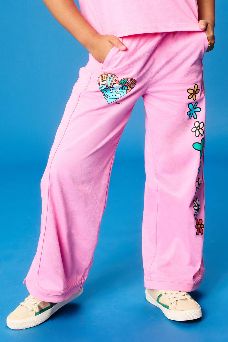 GS0039 Pink Smurfs Love More Graphic Wide Leg Sweat Pants Front