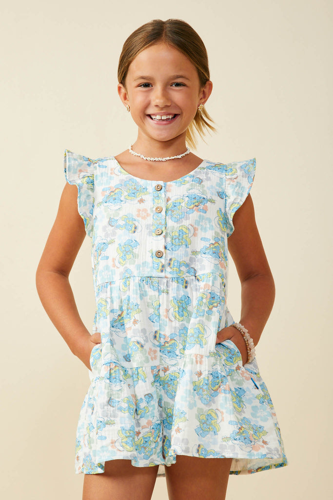 GS0044 Blue Smurfs All Over Printed Flutter Sleeve Gauze Romper Front