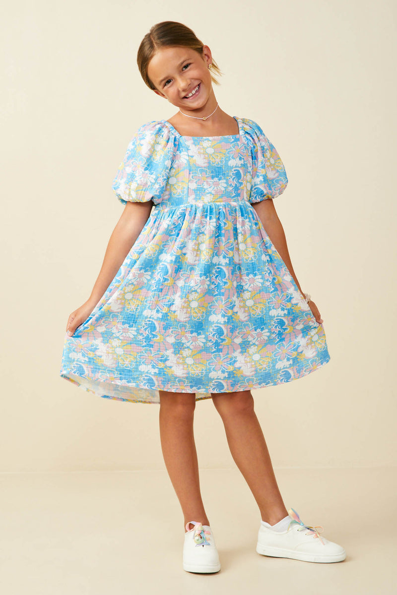 GS0050 Blue Smurfs Floral Smurf Print Square Neck Textured Dress Full Body