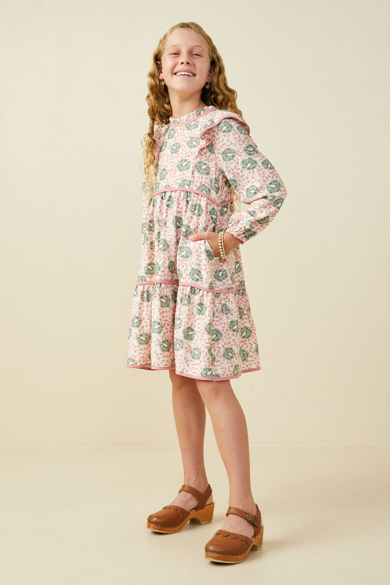 GS0062 Pink Girls Smithsonian Shin Bijutsukai Contrast Piped Dress Pose