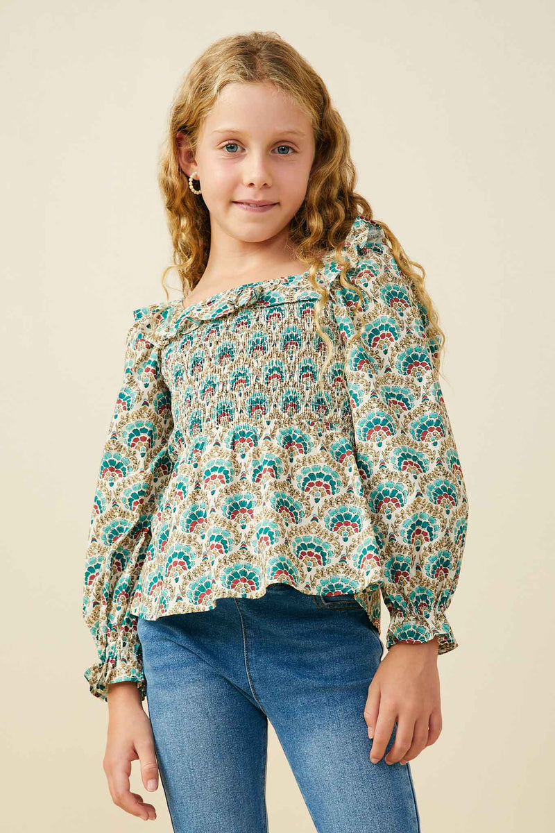 GS0074 Teal Mix Girls Smithsonian Shin Bijutsukai Ruffled Smocked Top Front