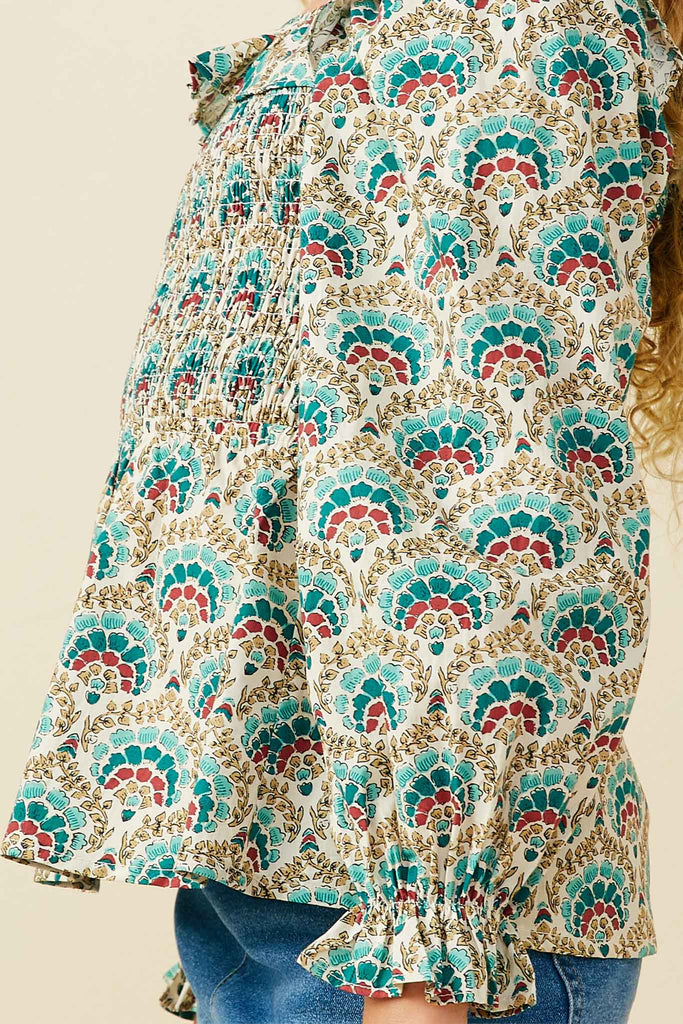 GS0074 Teal Mix Girls Smithsonian Shin Bijutsukai Ruffled Smocked Top Detail