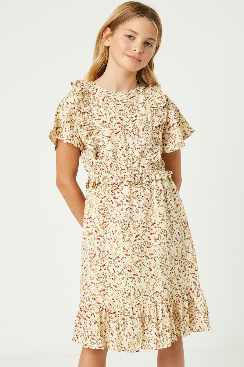 Gy1134 Ivory Girls Floral Ruffle Shoulder Midi Dress Front