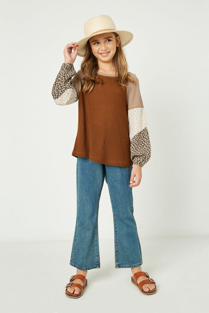 GY1341 Brown Girls Contrast Woven Sleeve Top Full Body