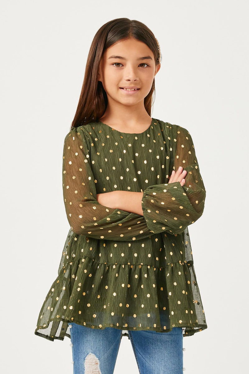 GY2101 Olive Girls Metallic Dot Tiered Tunic Front