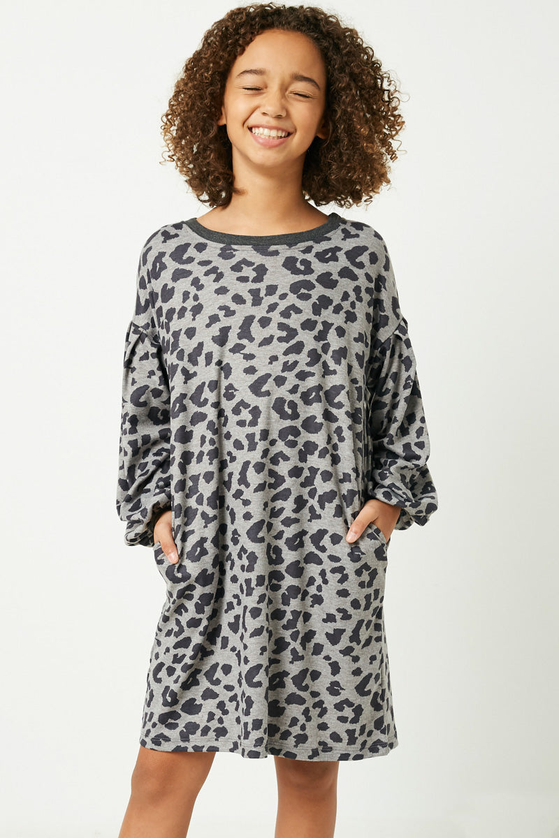 GY2255 Grey Girls Leopard Printed Long Sleeve Side Pocket Knit Dress Front
