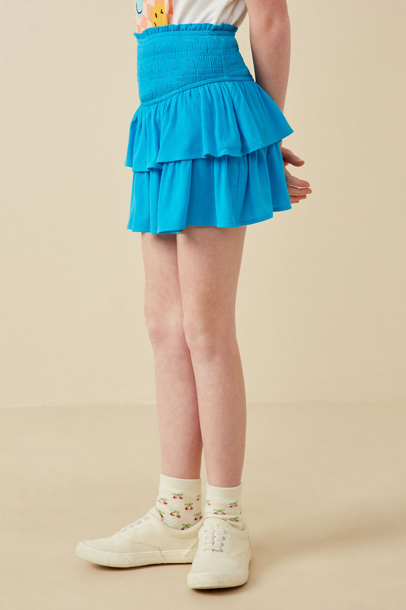 GY2297 Aqua Girls Smocked Ruffle Tiered Mini Skirt Side
