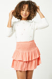 GY2297 Pink Girls Smocked Ruffle Tiered Mini Skirt- Front