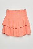 GY2297 Pink Girls Smocked Ruffle Tiered Mini Skirt- Flat Front
