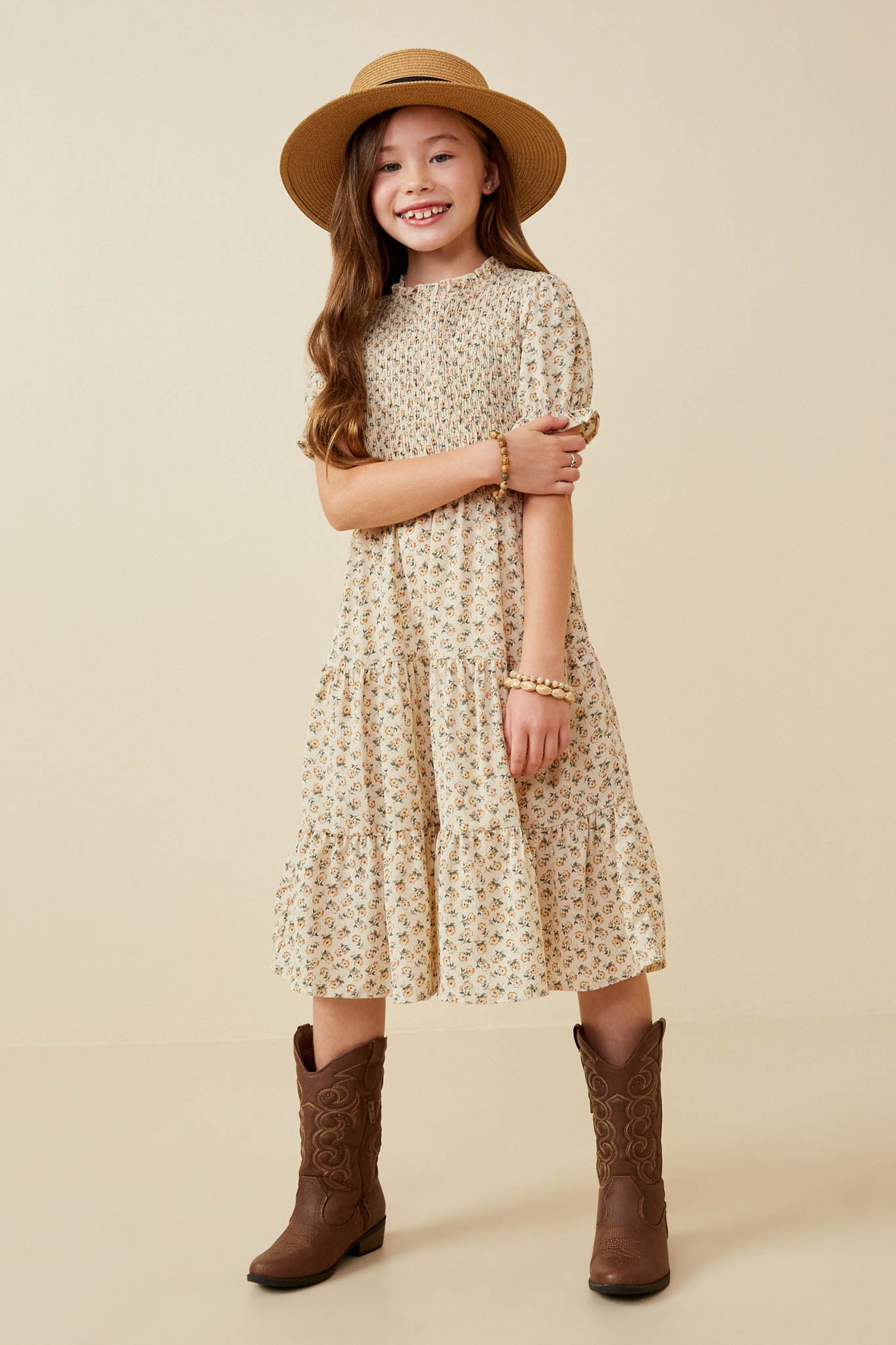 Smocked Bodice Short Sleeve Tiered Midi Dress Smocked Bodice Short Sleeve Tiered Midi Dress