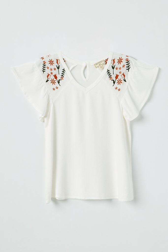 GY2429 Off White Girls Embroidered Flutter Sleeve Top Flat Front