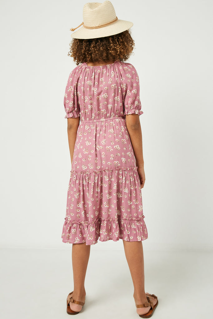 GY2478 Pink Girls Square Neck Smocked Bodice Tiered Midi Dress Back