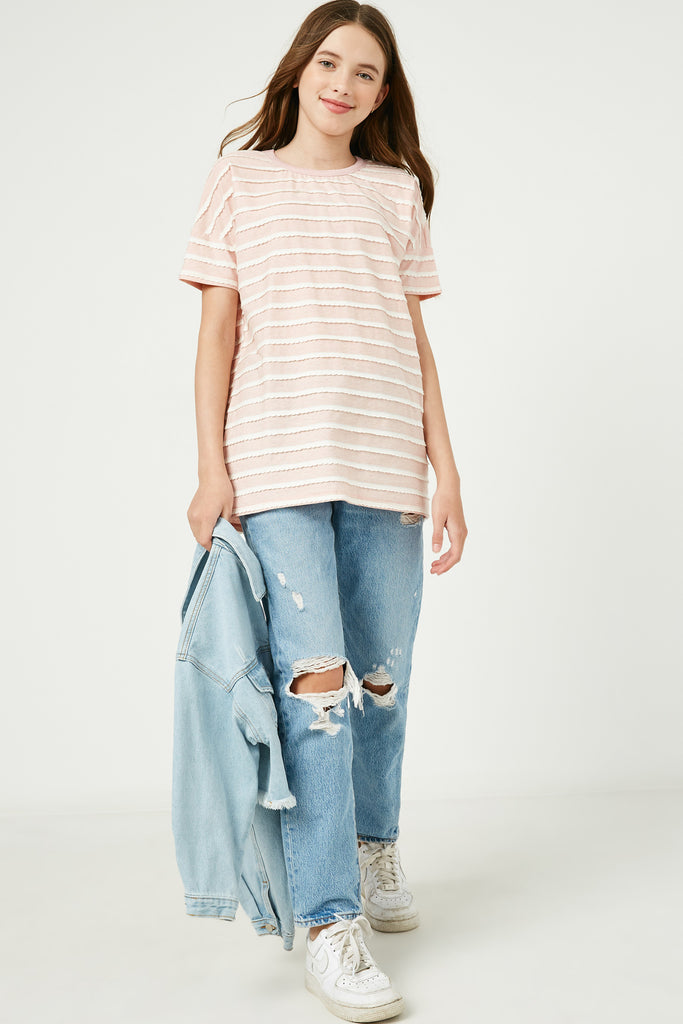 GY2551 Pink Girls Lace Striped Short Sleeve Tee Full Body
